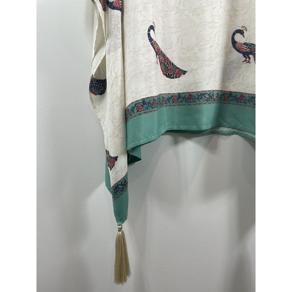Roller Rabbit Poncho Cover Up 100% Silk Peacock Print Tassels Beige Teal - Picture 3 of 10